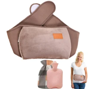 Hot water bottle with a soft cover and waist belt for hands, neck, stomach, and waist pain relief.