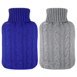 Two knitted hot water bottle covers in royal blue and grey provide a soft, comfortable layer for hot or cold therapy.