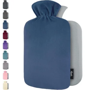 A large, dark blue Qomfor hot water bottle with a soft fleece cover, perfect for pain relief and keeping warm during cold nights for adults and kids.