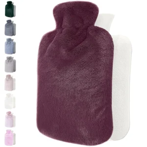 This large plum hot water bottle with a soft, fluffy faux fur cover provides soothing warmth and pain relief for neck, shoulders, menstrual cramps, or as a feet warmer.