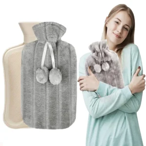 A cozy hot water bottle with a soft, fluffy cover provides comforting warmth and effective pain relief for menstrual cramps, neck, and shoulder pain in adults and children.