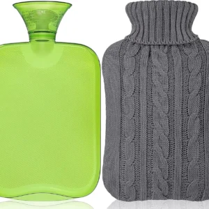 Green knitted hot water bottle with a transparent bag for pain relief and cold compress.