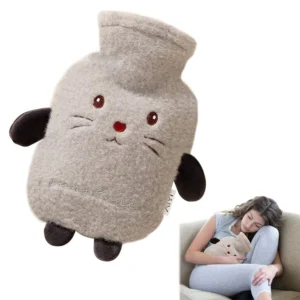 Gray hot water bottle with a soft lamb wool cover, providing comforting warmth and relief for aches, pains, and cold weather.