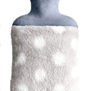 A gray hot water bottle with a soft, washable cover provides soothing warmth and relief from menstrual cramps, muscle aches, and cold hands and feet.