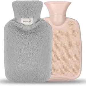 Grey hot water bottle with a soft fleece cover, designed for natural pain relief and soothing warmth, holding up to 1 liter of water.