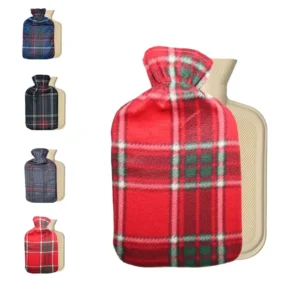 A large 2-liter hot water bottle made of natural rubber with a soft, cozy red tartan fleece cover.