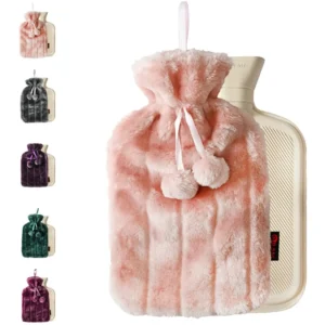 A large, pink, 2L hot water bottle with a super soft faux fur cover, perfect for cosy evenings and retaining heat.