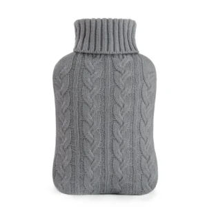 A large, grey hot water bottle with a soft, premium knitted cover for relieving muscle soreness and providing warmth.