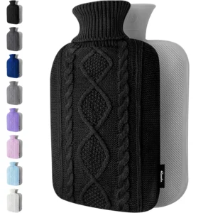 Black Qomfor hot water bottle with soft knit cover provides soothing warmth for pain relief and cozy nights.