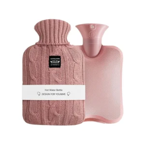 A knitted hot water bottle provides comforting heat or cold therapy for pain relief from cramps, sore muscles, or swelling.