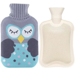 A cozy 2L hot water bottle with a blue snowflake knitted cover provides soothing warmth for pain relief and cold winter nights.
