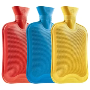 Large 1.8L rubber hot water bottle available in packs of one, two, or three, designed with a ribbed surface for diffusing heat and a smooth surface for maximum warmth, ideal for pain relief and keeping warm.