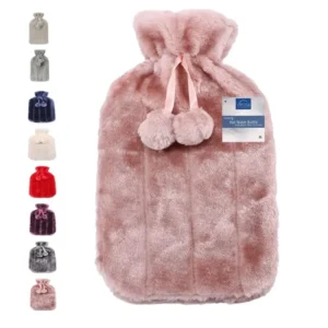 Plum hot water bottle with a fluffy faux fur cover and pom-pom ties, perfect for soothing back pain and muscle aches.