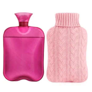 A pink hot water bottle provides soothing warmth for pain relief and comfortably warms hands and feet on cold days.