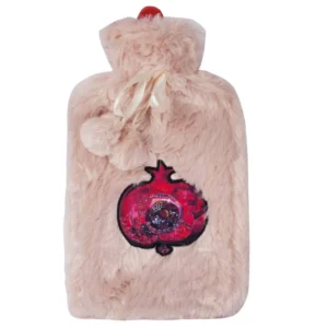 A large, 2L Biggdesign hot water bottle with a soft, pink pomegranate patterned plush cover, ideal for soothing cramps and relieving neck and back pain.
