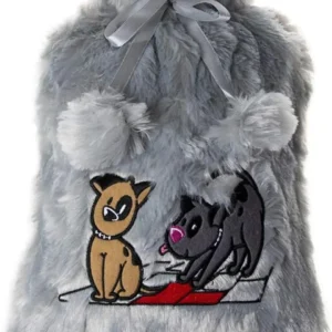 Gray hot water bottle with a soft plush cover for soothing cramps and relieving neck and back pain.