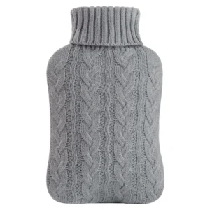 Grey hot water bottle with knitted cover for relieving neck and shoulder pain and warming hands and feet.