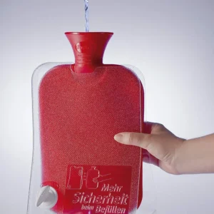 This is a self-standing hot water bottle filling aid of German design, compatible with original Fashy hot water bottles, offering a safety-first approach to filling.