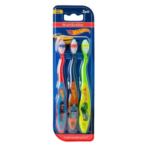 This pack includes three multi-colored Hot Wheels toothbrushes designed with soft bristles and ergonomic handles perfect for toddlers and young children to make brushing fun and protect their gums.