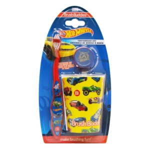 The Hot Wheels toothbrush kit includes a soft bristle toothbrush, a travel cover, and a cup, making brushing fun for kids.