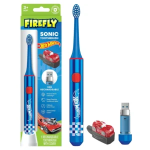The Hot Wheels sonic toothbrush for kids has soft bristles, a two-minute timer, a USB charger, and comes with an antibacterial cover.
