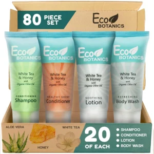 This 80-piece travel-size toiletries set includes shampoo, conditioner, body wash, and lotion with a light white tea scent, perfect for hotels, Airbnb, and vacation rentals wanting to provide a professional and guest-friendly experience.