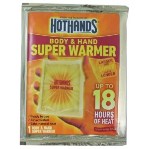 HotHands super warmer heat pack providing safe, natural, air-activated heat for up to 12 hours, with adhesive backing to easily stick where needed.