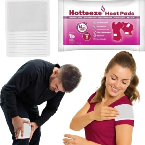 Ten Hotteeze self-adhesive heat pads provide natural, odourless pain relief for muscle strain, joint stiffness, and period pain.