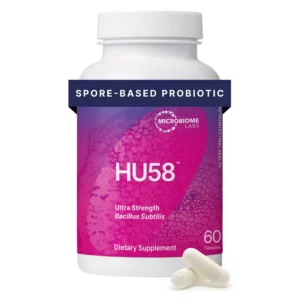 Microbiome Labs HU58 probiotic supplement supports digestive health and immune function with Bacillus subtilis HU58, ensuring 100% survivability through digestion.