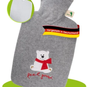 This grey, fleece-covered Hugo Frosch hot water bottle with a feel-good bear design provides soothing warmth for muscle aches, period cramps, and cold relief.