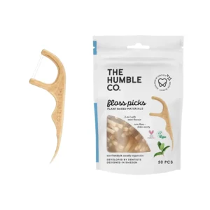 A pack of The Humble Co. mint flavored 2-in-1 floss picks containing 50 plant based, vegan dental flossers.