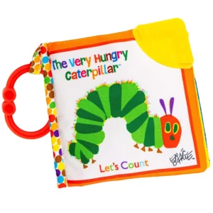 The Very Hungry Caterpillar clip-on soft book is a developmental toy with a teether, crinkle sounds, and bright colors to engage babies during playtime and soothe sore gums.