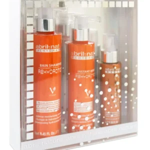 This hydrating hair kit, including shampoo, mask, and serum, deeply moisturizes and restores shine to dry, damaged hair, improving overall health and combability.