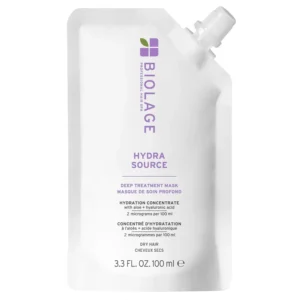 Biolage Hydrasource deep treatment hair mask restores nourishment and elasticity for dry hair.