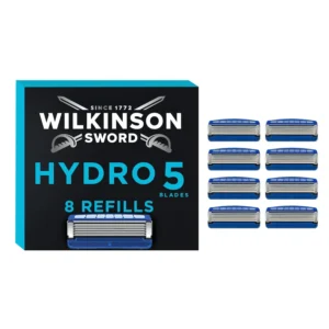 A pack of eight blue Wilkinson Sword Hydro 5 Skin Protection Regular razor blade refills for men, featuring ultra-glide blades and water-activated gel for a comfortable shave.