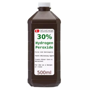 Amber or clear bottle of 30% hydrogen peroxide solution used for dental scaling, teeth whitening, treating acne scars, and disinfecting cuts.