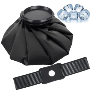 Black reusable ice bag for injuries providing fast pain relief through hot and cold therapy, including a warp bandage for hands-free use.