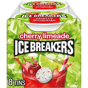 A tin of ICE BREAKERS sugar-free breath mints with a refreshing cherry limeade flavor, perfect for freshening breath anytime.