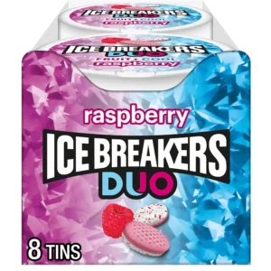 Eight tins of ICE BREAKERS DUO Raspberry flavored sugar free mints with cooling crystals for fresh breath on the go.