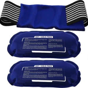 Two reusable blue gel ice packs provide hot and cold therapy for the back, knees, shoulders, arms, and legs to help relieve discomfort and relax muscles.