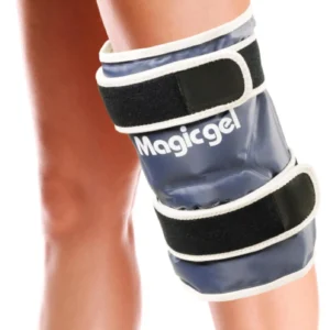 Reusable gel ice pack for knee injuries providing soothing cold therapy and compression with adjustable wraparound straps for comfortable pain relief.