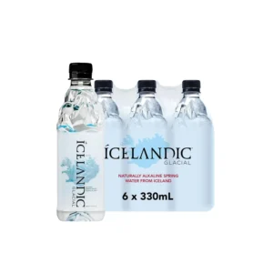 Six bottles of Icelandic Glacial premium still water, naturally sourced from the Ölfus Spring and filtered through lava rock, offering a clean, balanced taste with a pH of 8.4.