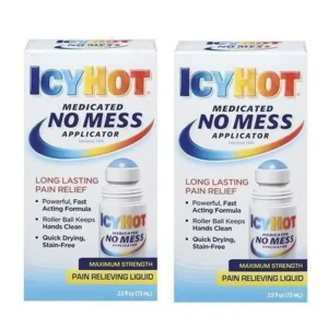 This image showcases a pack of two Icy Hot medicated applicators, designed for easy use and optimal comfort, offering a soft, smooth texture and excellent craftsmanship for pain relief.