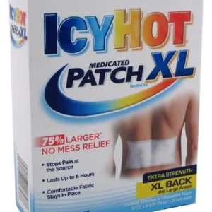 This image shows a three-pack of Icy Hot extra strength XL patches for back and large areas, providing powerful and long-lasting pain relief for up to 8 hours with deep muscle relaxation.