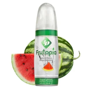 A bottle of ID Frutopia Watermelon personal lubricant, a sugar-free, water-based formula compatible with toys and latex.