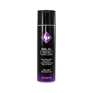 An 8.5 ounce bottle of ID Silk Lubricant, a smooth, long-lasting, non-tacky silicone and water-based personal lubricant that leaves skin feeling supple and is latex compatible.