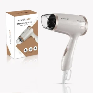 The Ikonic foldable hair dryer features two speed settings, a compact design, and a hanging loop for convenient travel and storage.