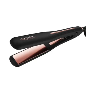 The Ikonic Gleam Pro hair straightener features 1.5-inch wide rose gold titanium plates and digital temperature control for effortlessly creating sleek, straight hairstyles or loose curls.