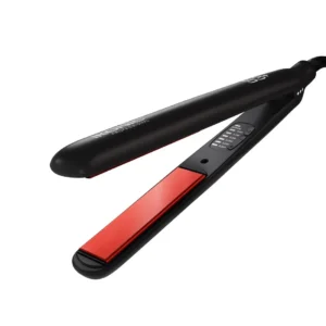 The Ikonic S3B hair straightener in black, featuring slim ceramic plates perfect for styling short hair and bangs with enhanced shine and reduced frizz.