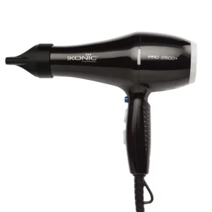 Professional 2500 watt Ikonic hair dryer featuring 4 heat settings, 2 speed settings, a cool shot button, quiet operation, overheating protection, and includes two nozzles with a long 2.8 meter cord.